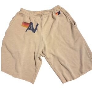 AVIATOR NATION Mens Small Sand Tan Rainbow Logo Raw Hem Sweat Shorts Cozy